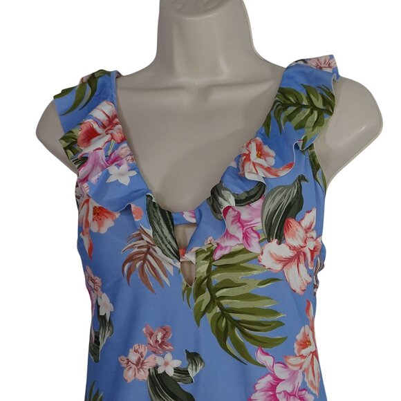 Kona Sol Blue Floral Tropical Print One Piece Swimsuit Women Size M Ruffle - Picture 2 of 12
